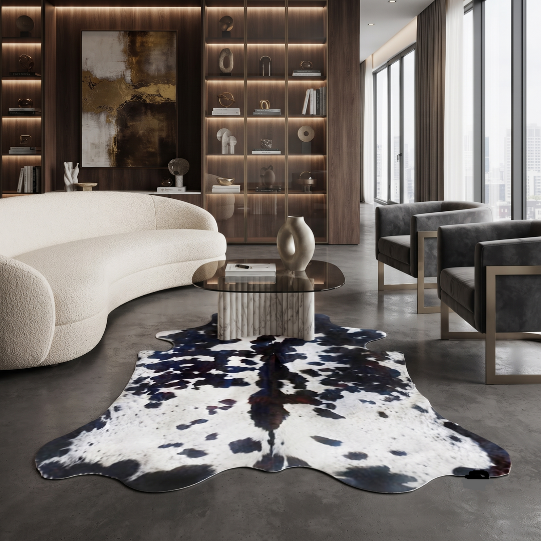 A black and white cowhide rug is styled in a modern living room setting on a dark gray concrete floor, surrounded by a curved cream sofa, dark gray armchairs, and a glass-top coffee table.