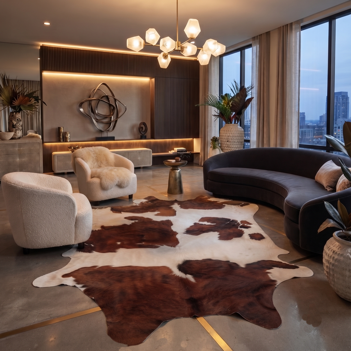 A modern living room interior with a large brown and white cowhide rug on a polished concrete floor, a curved dark gray sofa, cream armchairs, indoor plants, and a chandelier overhead.