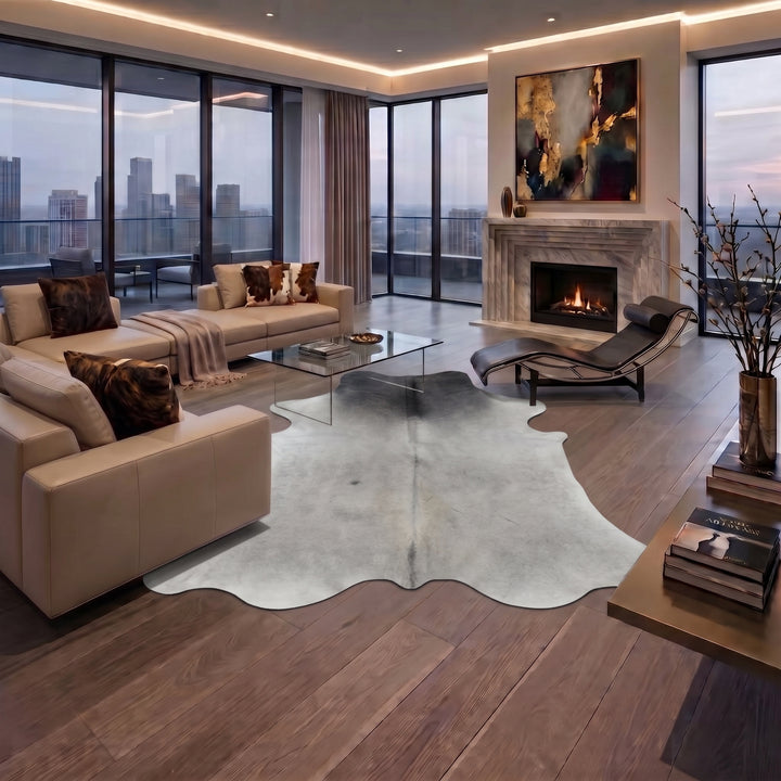 A modern living room with a large white cowhide rug on dark wood floors, featuring beige leather sofas, a glass coffee table, a lit fireplace with a marble surround, and large windows overlooking a city skyline.