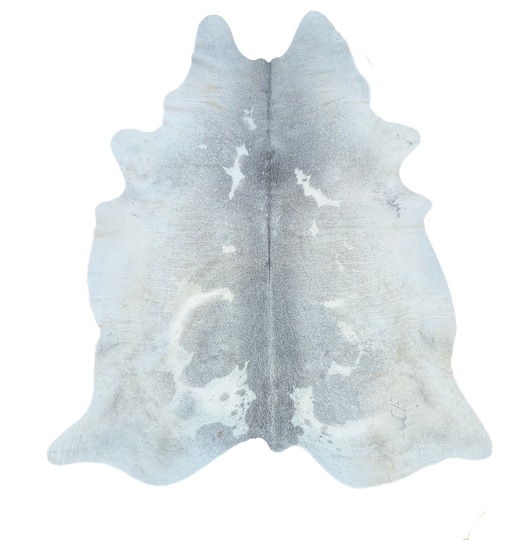 Cowhide rug with a gray and white pattern on a white background
