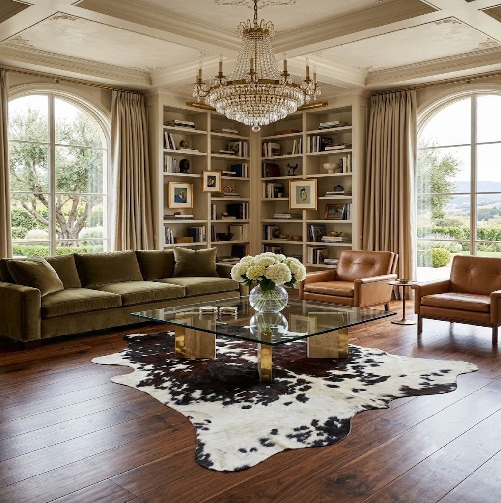 cowhide rug in living room