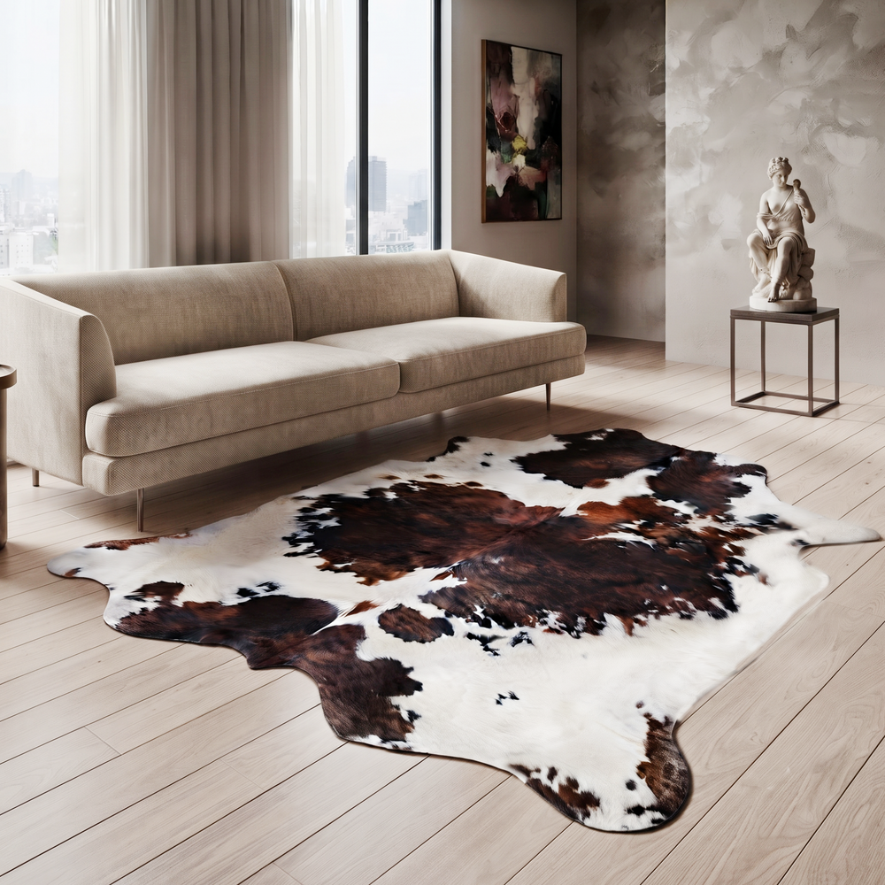 A large cowhide area rug with natural black, brown, and white patches is styled in a modern living room with a beige sofa, light wood floors, and a textured wall.