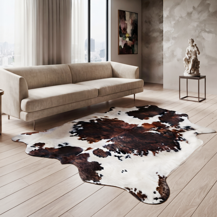 A large cowhide area rug with natural black, brown, and white patches is styled in a modern living room with a beige sofa, light wood floors, and a textured wall.