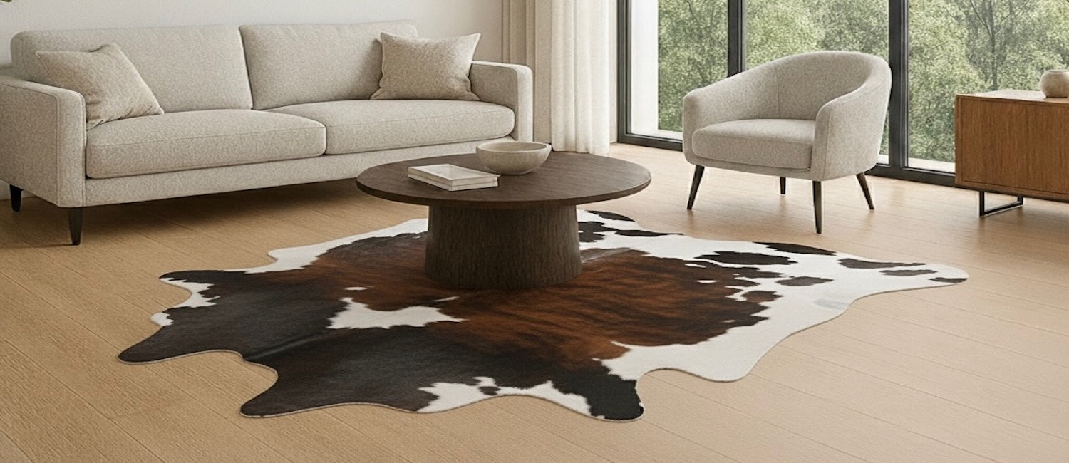 Modern living room with a cowhide rug, sofa, and armchair.