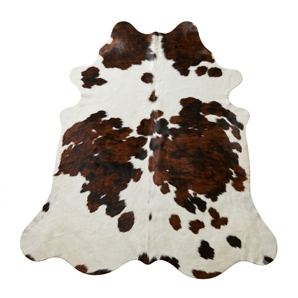 Brown and white cowhide rug on a white background