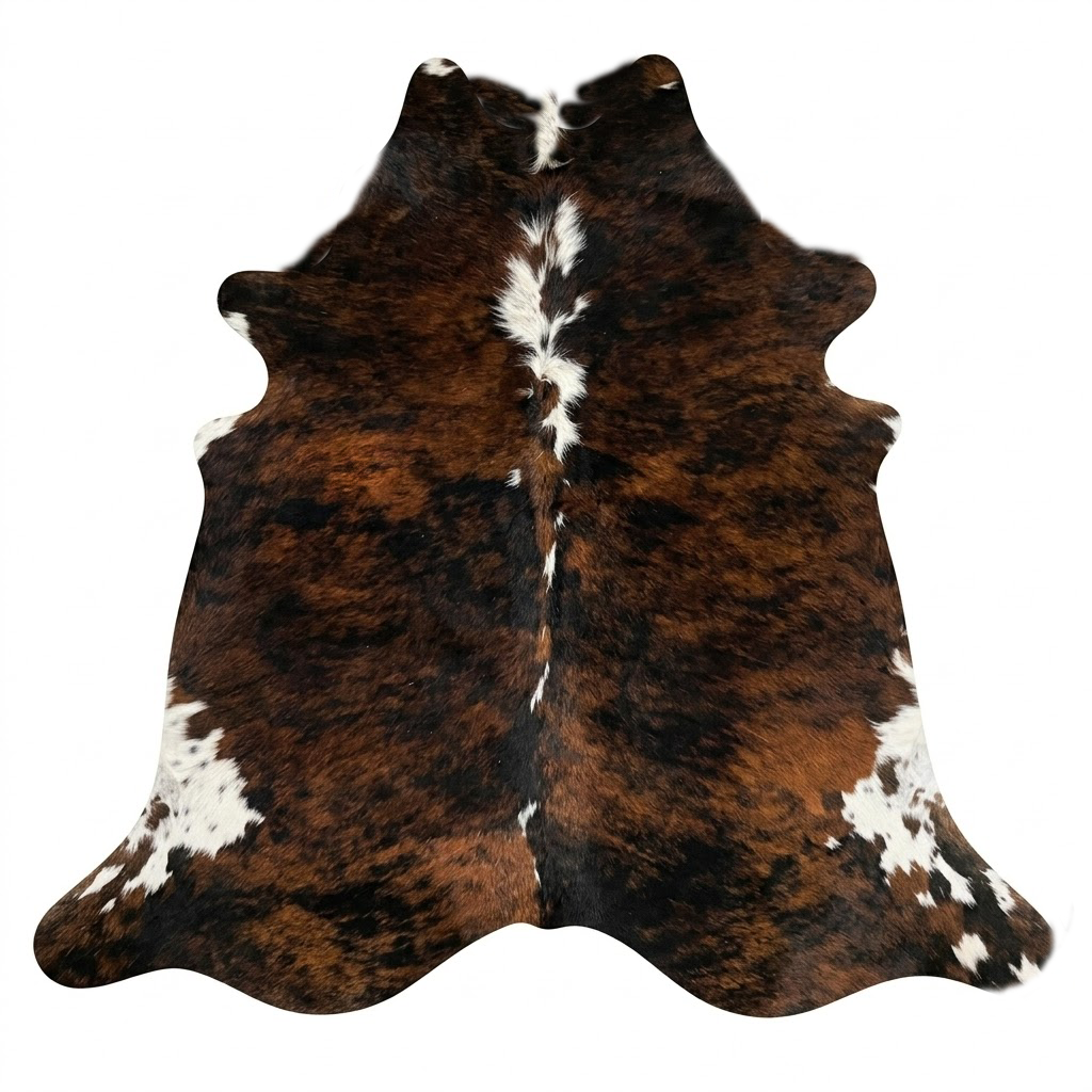 Brown and white cowhide rug on a white background