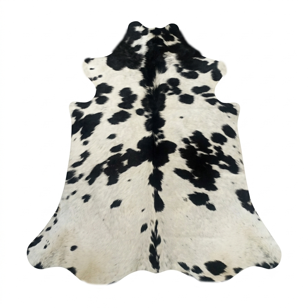 Black and white cowhide rug on a white background