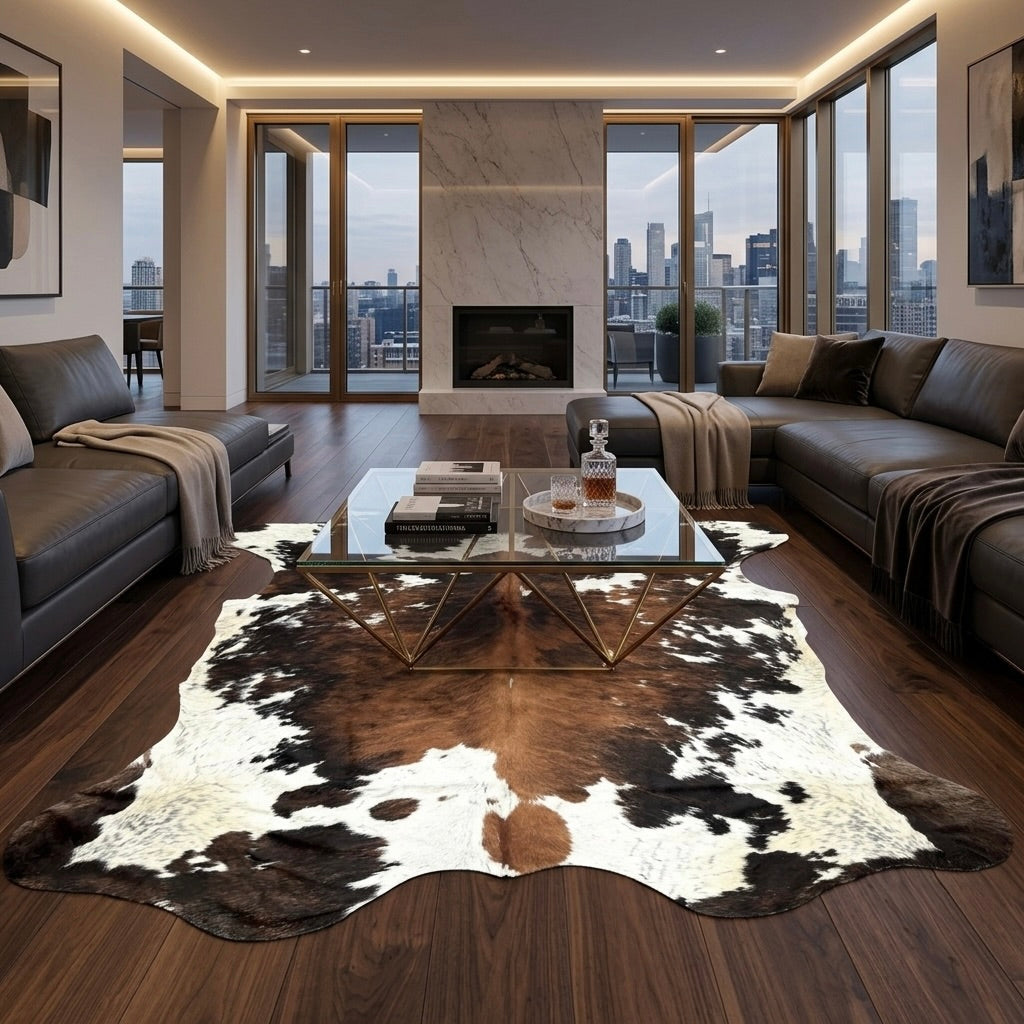 cowhide tug in a living room