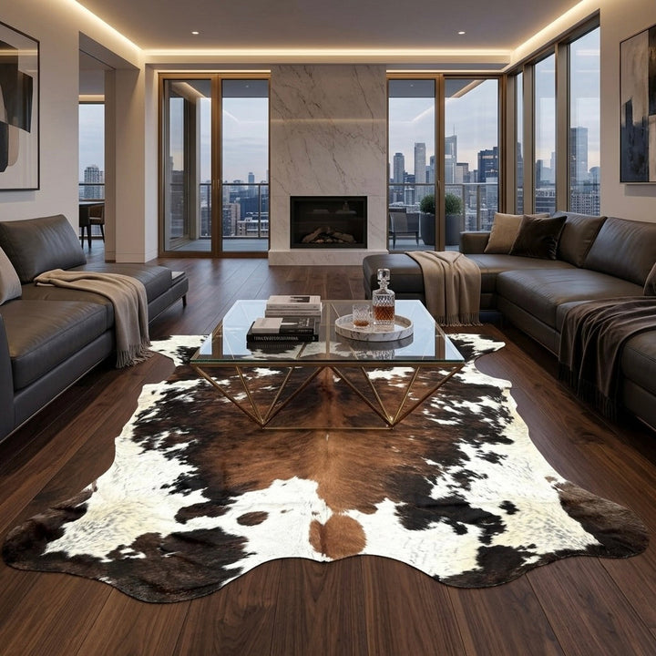cowhide tug in a living room