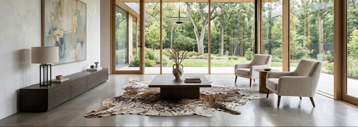 Natural cowhide rug with brown and cream markings beneath a modern coffee table in a contemporary living room.