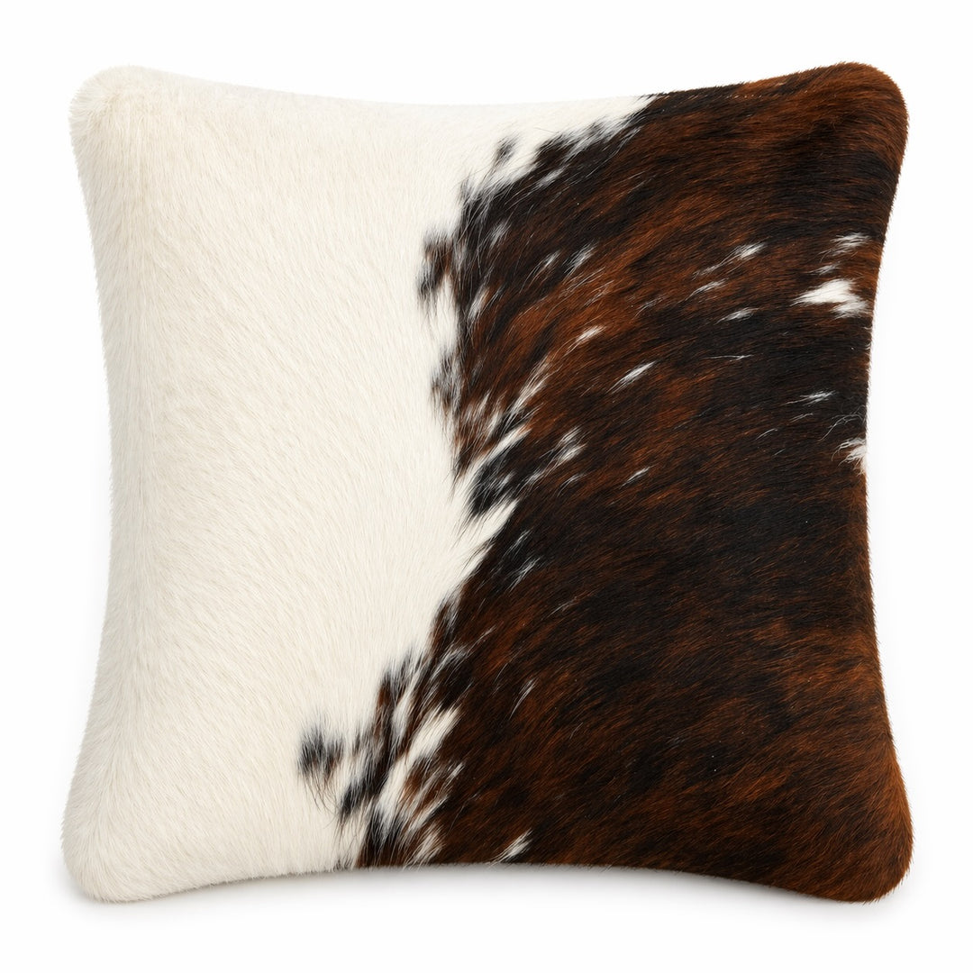 Cowhide cushion from Cowhide Rugs London, 39cm x 39cm, featuring natural cowhide with a distinctive pattern on both sides.