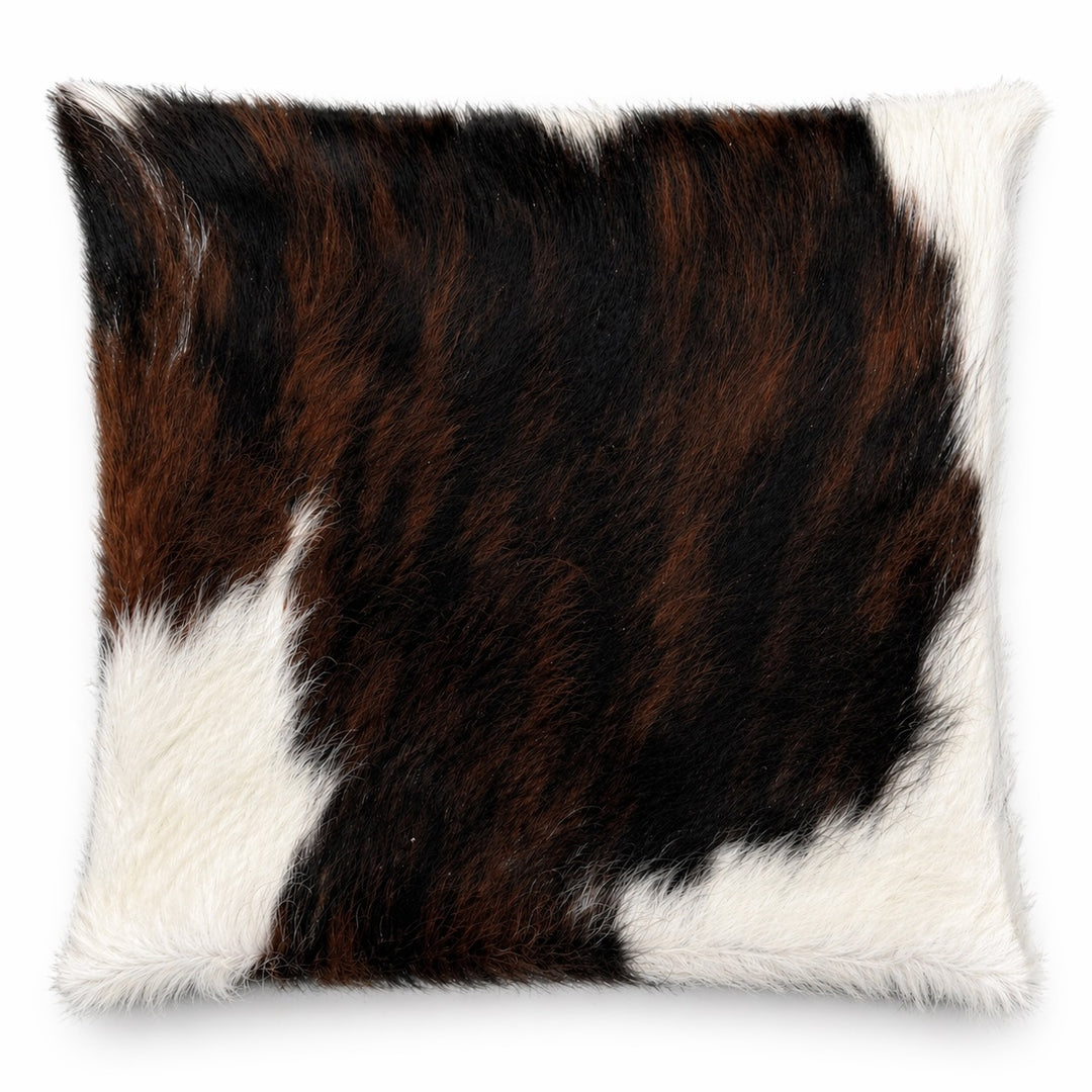 Cowhide cushion from Cowhide Rugs London, 39cm x 39cm, with natural cowhide pattern on both sides for stylish home decor.