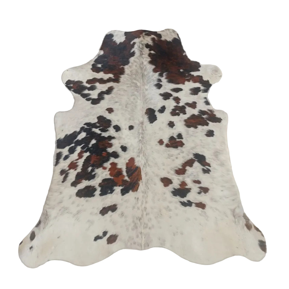 Cowhide Rug from Cowhide Rugs London, 1.76m x 1.49m, natural cowhide with black and white patterns, small size.