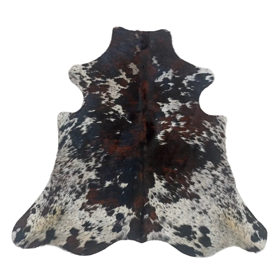 Cowhide Rug from Cowhide Rugs London, size 1.80m x 1.70m, natural brown and white hide with unique pattern.