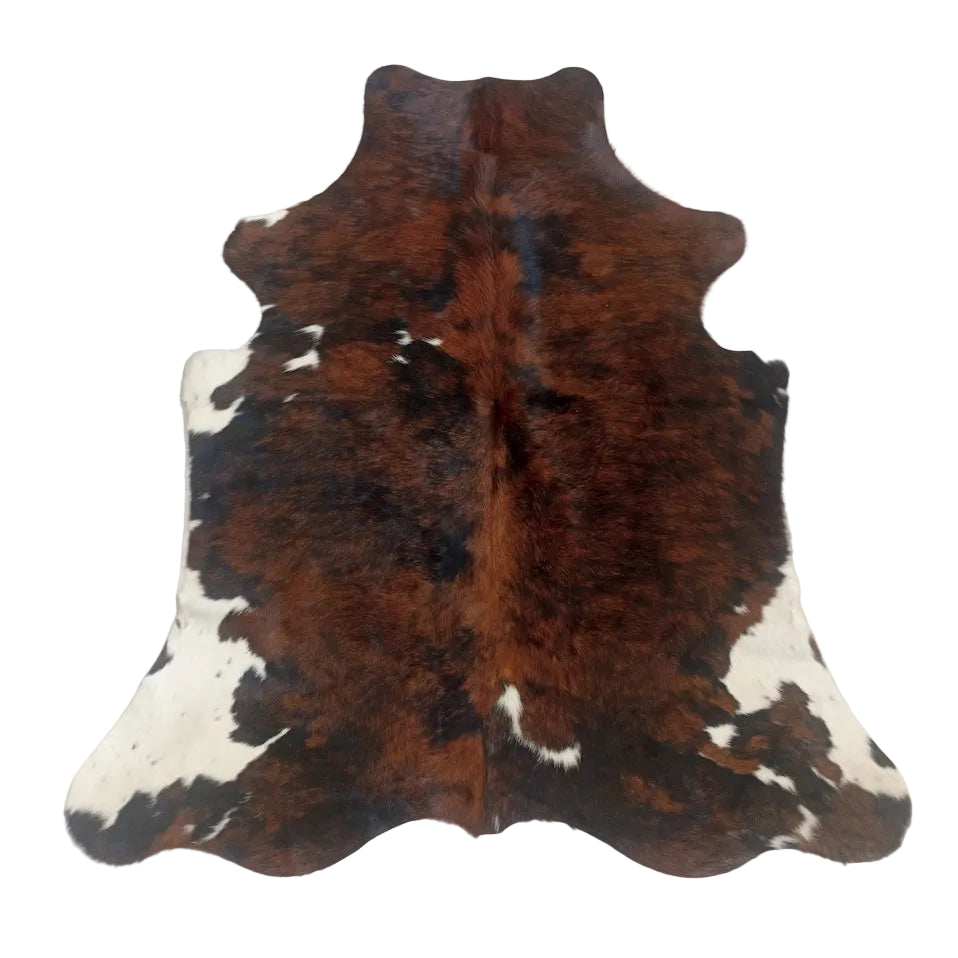 Large Cowhide Rug from Cowhide Rugs London, natural brown and white hide, measuring 1.86m x 1.64m, with a unique organic pattern.