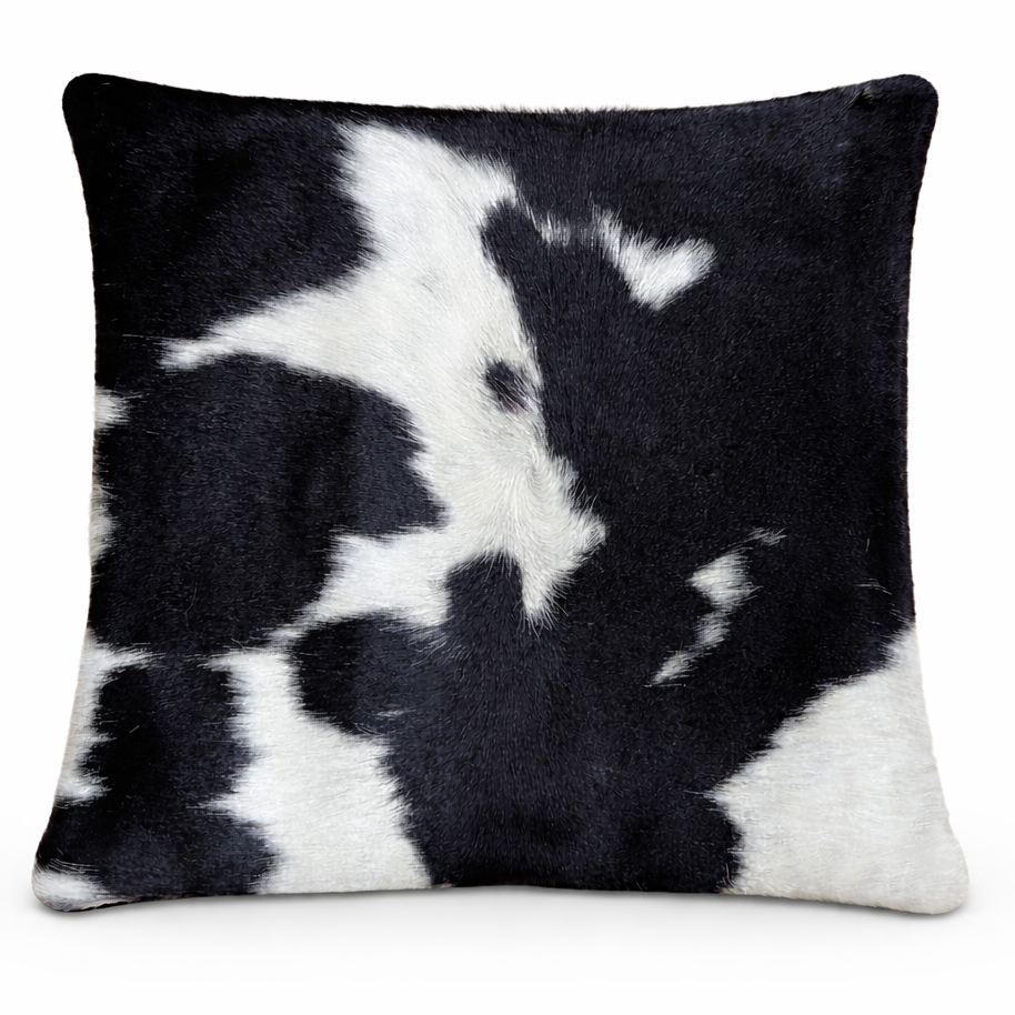 Cowhide cushion C31 with reverse Suedette fabric, 39cm x 39cm, featuring natural cowhide pattern and soft textured surface.