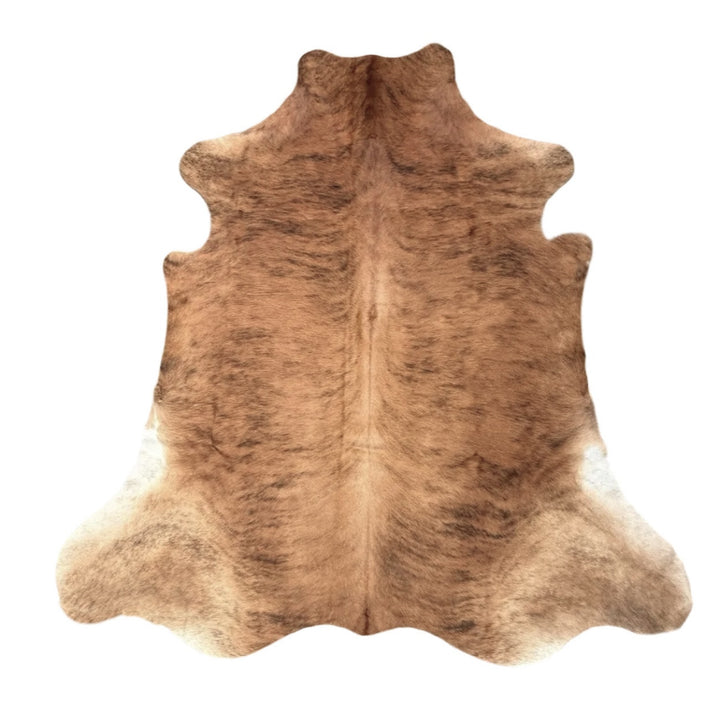 Large brindle cowhide rug from Cowhide Rugs London, showcasing natural cowhide pattern and XXL size, 241cm by 215cm.