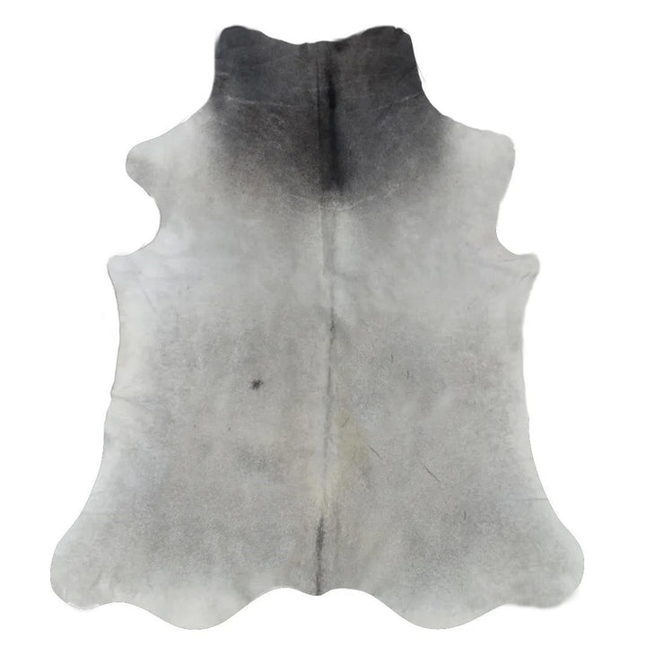 Grey cowhide rug by Cowhide Rugs London, large premium cowhide with natural texture, measuring 245cm by 212cm.