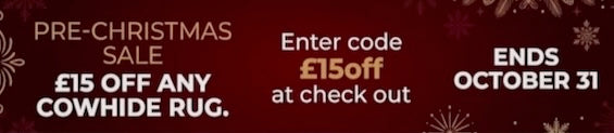 Promotional sale banner with a dark red background, white and gold text reading 'PRE-CHRISTMAS SALE', 'Enter code £15 off at check out', and 'ENDS OCTOBER 31', plus small snowflake graphics.